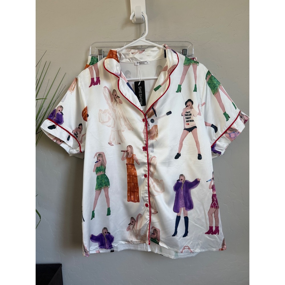 SheShow Eras Tour Satin Pajama Set White Red Piping Short Sleeve Shorts Medium